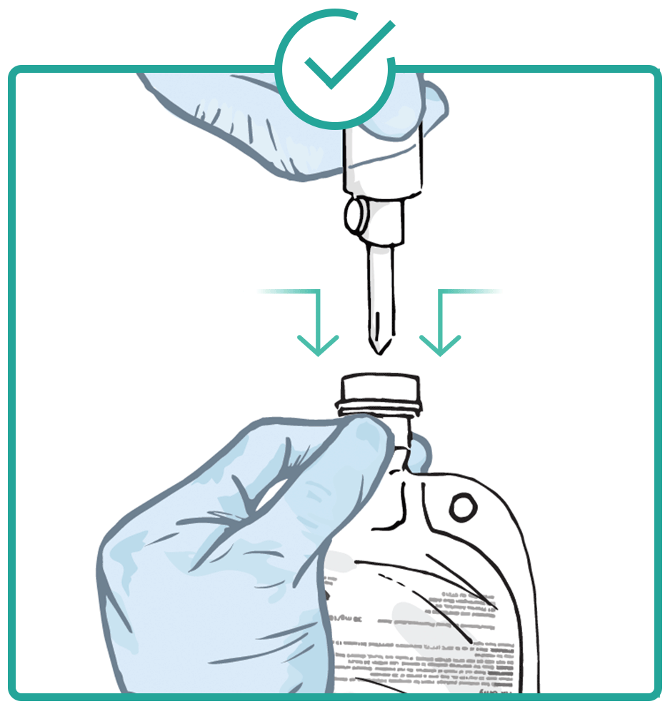 Illustration showing steps in preparing the RADICAVA® (edaravone) IV infusion bag. Step 1